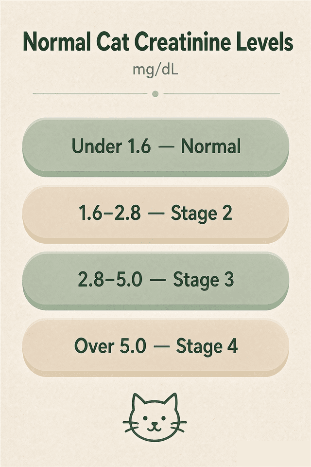 Normal creatinine levels in cats: below 1.6 mg/dL, with IRIS staging thresholds of 1.6-2.8 for Stage 2, 2.8-5.0 for Stage 3, and above 5.0 for Stage 4
