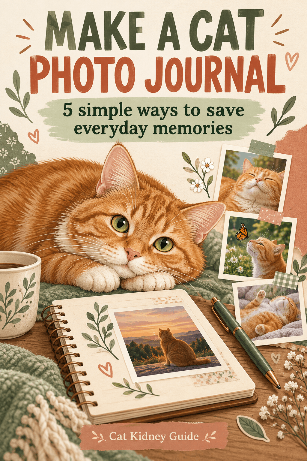 Original ginger cat illustration beside a photo journal and three small cat portraits, with five ways to save everyday memories.