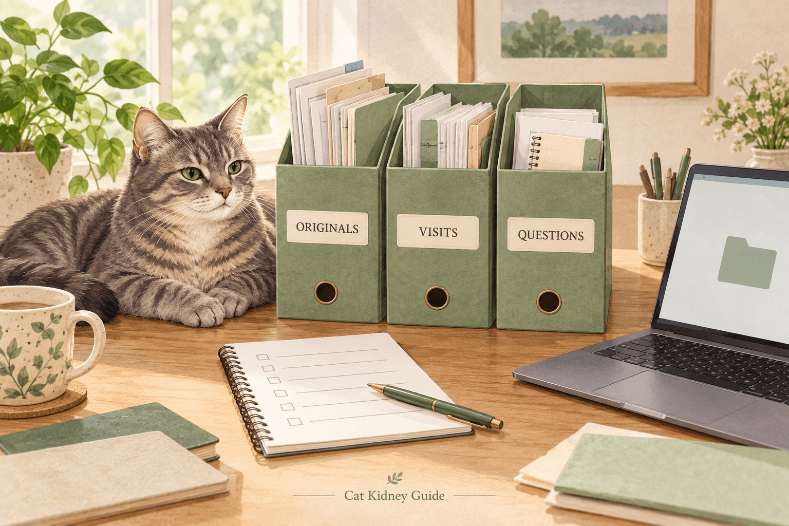 Original illustration of a grey tabby cat beside folders labeled Originals, Visits and Questions, with a laptop and a blank checklist.
